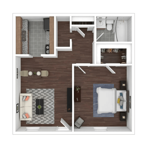 A top down view of a small apartment with a kitchen, living room, and bedroom.